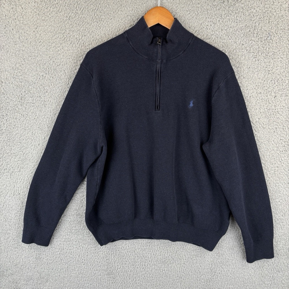 Polo Ralph Lauren Sweater Mens 2XL Navy Mock Neck 1/4 Zip Knit Cotton Blue Pony